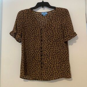 CeCe | Animal print V neck button down blouse with ruffle short sleeves